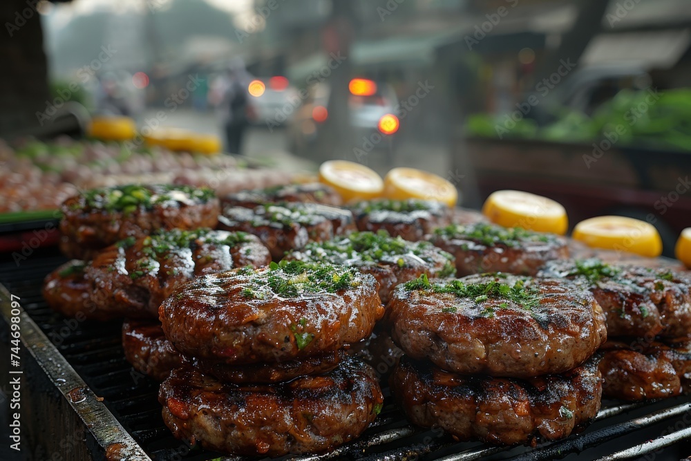 A sizzling street feast of mixed grill delights, with juicy pork steaks and mouth-watering kebabs roasting over an outdoor barbecue grill
