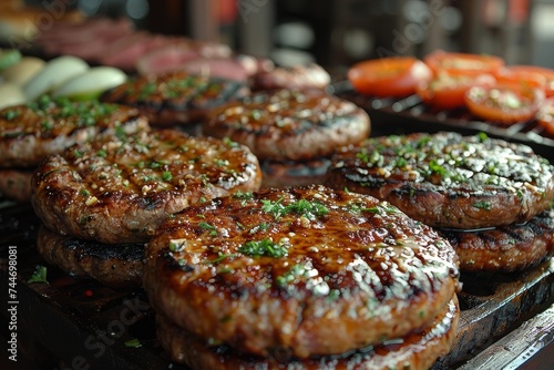 A sizzling scene of juicy pork steaks  galbi  and burgers roasting on an indoor grill  promising a mouth-watering meal of fast food cuisine