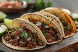 A mouth-watering array of mexican and korean-inspired tacos, chalupas, and tostadas, bursting with fresh vegetables and wrapped in a variety of tortillas, sit invitingly on a rustic wooden surface, r