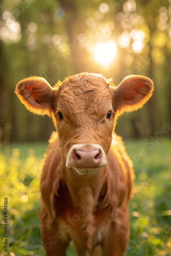 baby cow with a luminous green background cow on farm organic concept