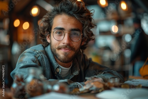 A bearded man with curly hair sits indoors  his glasses adding a touch of sophistication as he enjoys a meal while his portrait captures the essence of his human face and style