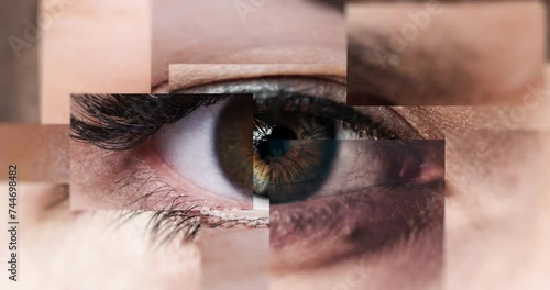 Closeup of deconstructed human eyes puzzle from people around the world looking at the camera - different multicultural human eyes - diversity inclusion and equality concept - infinity loop