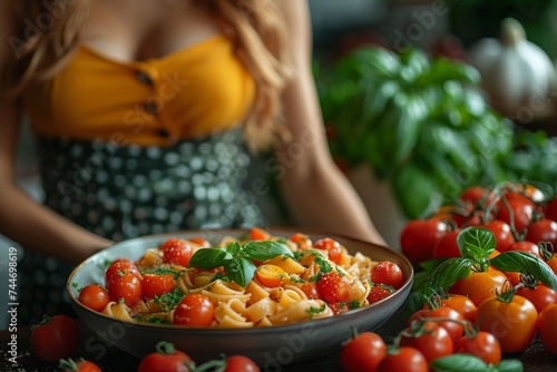 A vibrant and nourishing dish of locally-sourced cherry and plum tomatoes, fresh basil, and whole wheat pasta, showcasing the beauty and benefits of natural, plant-based foods for a woman's health an