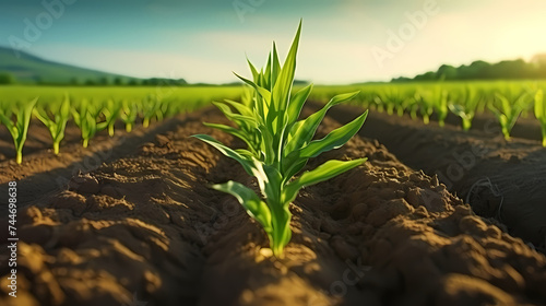 Agricultural plantation in field agricultural landscape, green growing plants