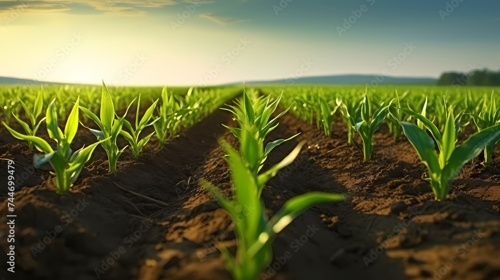 Agricultural plantation in field agricultural landscape, green growing plants Agricultural plantation in field agricultural landscape, green growing plants