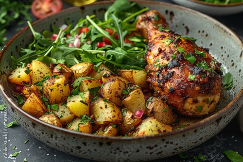 Savor the rich flavors of this hearty bowl of cuisine, featuring succulent chicken leg and crispy potatoes, accented by vibrant root and leaf vegetables and topped with a zesty gremolata, perfect for