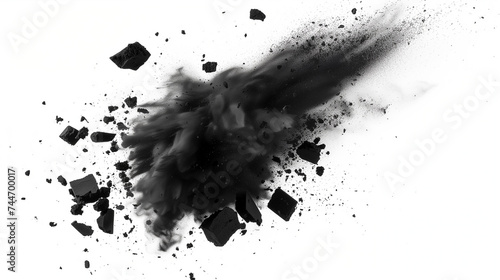 Black chalk pieces and powder flying, explosion effect isolated on white, clipping path photo