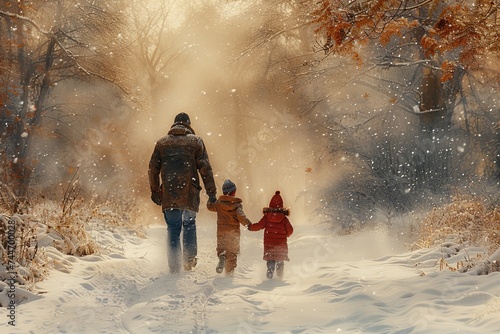 A family braves the bitter cold as they trek through the winter wonderland, bundled up in their warmest gear and surrounded by the pristine beauty of nature's frozen landscape