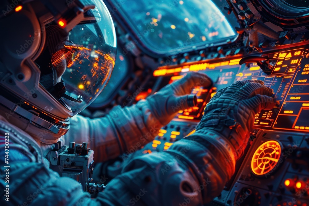 Close-Up of Astronaut Operating Spacecraft Controls. Close-up of an astronaut with a reflective visor operating glowing control panels inside a spacecraft. - obrazy, fototapety, plakaty 