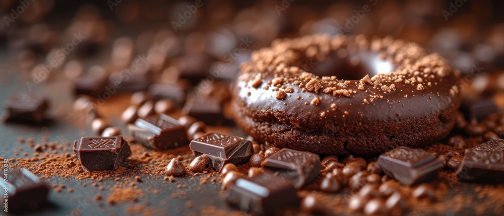 a chocolate donut sitting on top of a table surrounded by chocolate pieces and pieces of chocolate on top of a table with a few pieces of the doughnuts. a chocolate donut sitting on top of a table surrounded by chocolate pieces and pieces of chocolate on top of a table with a few pieces of the doughnuts.