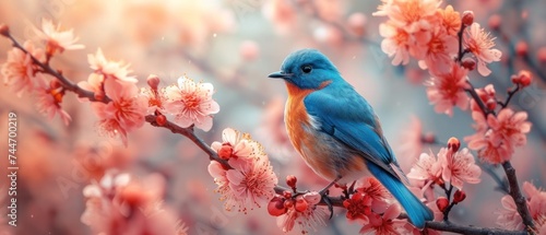 A Blue Bird Perched on a Branch, The Sweetness of Springtime with a Blue Bird, A Vibrant Blue Bird Amidst Pink Flowers, A Delicate Blue Bird Resting Among Cherry Blossoms. generative ai