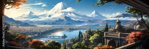 Fantasy anime background, town with a river, illustration