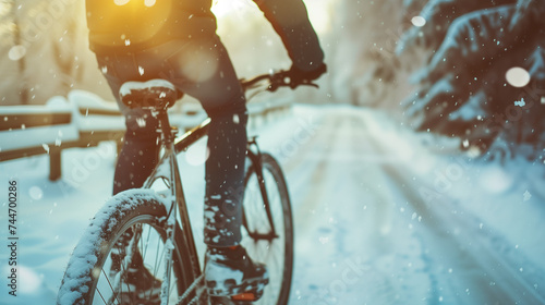close up man riding a bicycle on a road in a winter snow © Muhammad