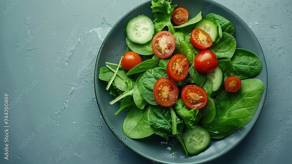 Green vegan salad from green leaves mix and Vegetables. salad in a plate with spinach leaves, cherry tomatoes, lettuce leaves, cucumbers, Image for Cafe and Restaurant Menus Green vegan salad from green leaves mix and Vegetables. salad in a plate with spinach leaves, cherry tomatoes, lettuce leaves, cucumbers, Image for Cafe and Restaurant Menus