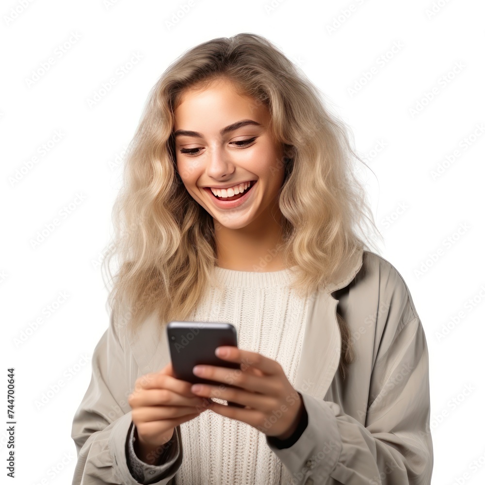 Smiling Woman on White Background Using Smartphone UHD Stock Photo Smiling Woman on White Background Using Smartphone UHD Stock Photo