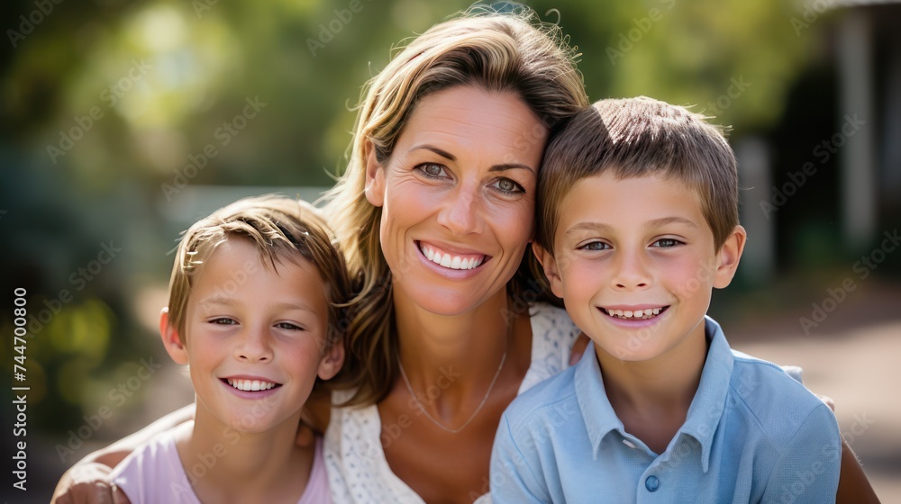 Family Portrait Smiling 35YearOld Woman with Kids Family Portrait Smiling 35YearOld Woman with Kids