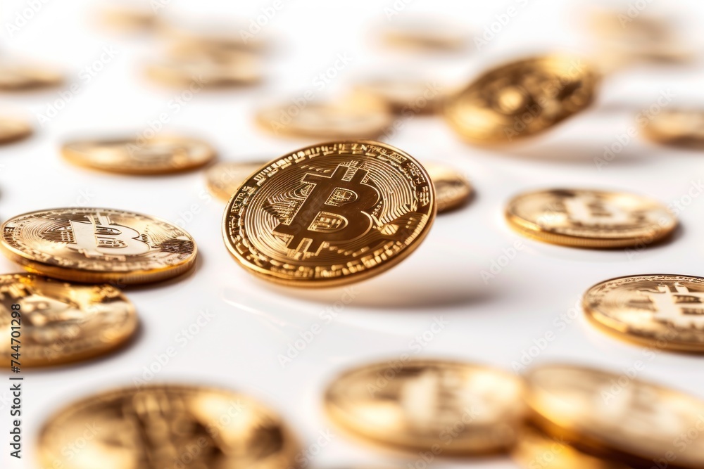 Crisp image of a central Bitcoin in focus with a backdrop of numerous coins falling like rain, symbolizing cryptocurrency abundance. Crisp image of a central Bitcoin in focus with a backdrop of numerous coins falling like rain, symbolizing cryptocurrency abundance.
