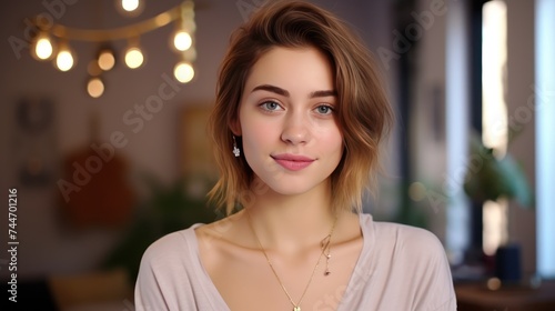 Stunning 20YearOld Woman in Casual Outfit with Elegant Makeup and Key Pendant Collar photo