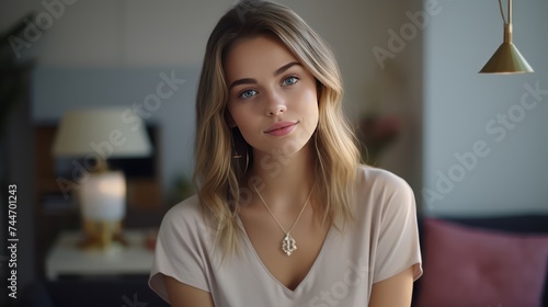 Stunning 20YearOld Woman in Casual Outfit with Elegant Makeup and Key Pendant Collar photo