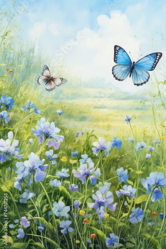 Beautiful summer or spring meadow with blue flowers of forget-me-nots and two flying butterflies. Wild nature landscape.