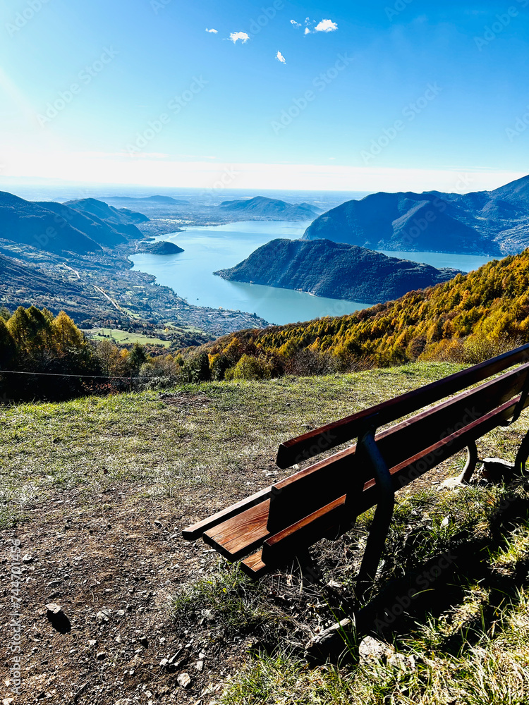 bench in the mountain, view of the lake.