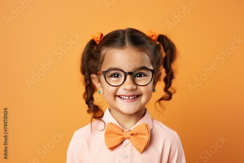 Adorable 5YearOld Girl in Big Eyeglasses and Bowtie on Pastel Background photo