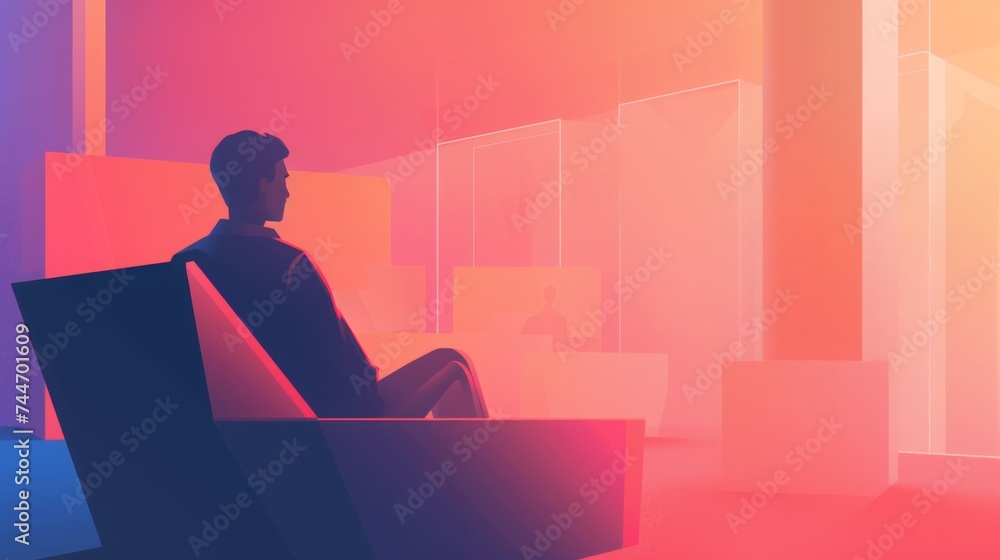 A man sits silhouetted against a vivid, colorful backdrop of neon pink and blue lights in a contemporary office environment. A man sits silhouetted against a vivid, colorful backdrop of neon pink and blue lights in a contemporary office environment.