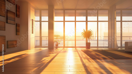 Golden sunset light streaming through large windows casting warm shadows in a modern interior serene and empty