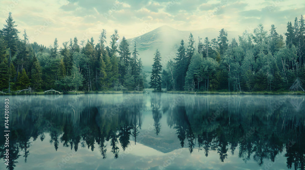 Juniper forest reflected in the tranquil waters of a lake.