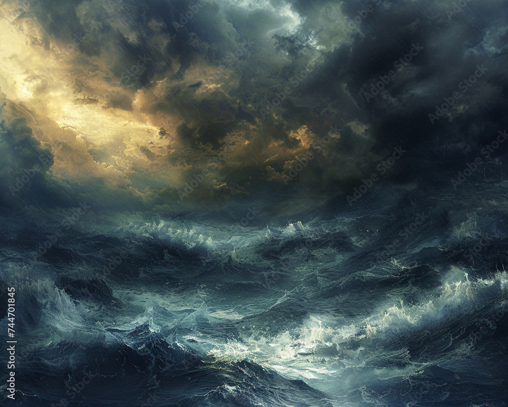 Naklejka premium Storm clouds over a turbulent sea metaphor for a troubled mind caught in the storm of nightmares and negative emotions