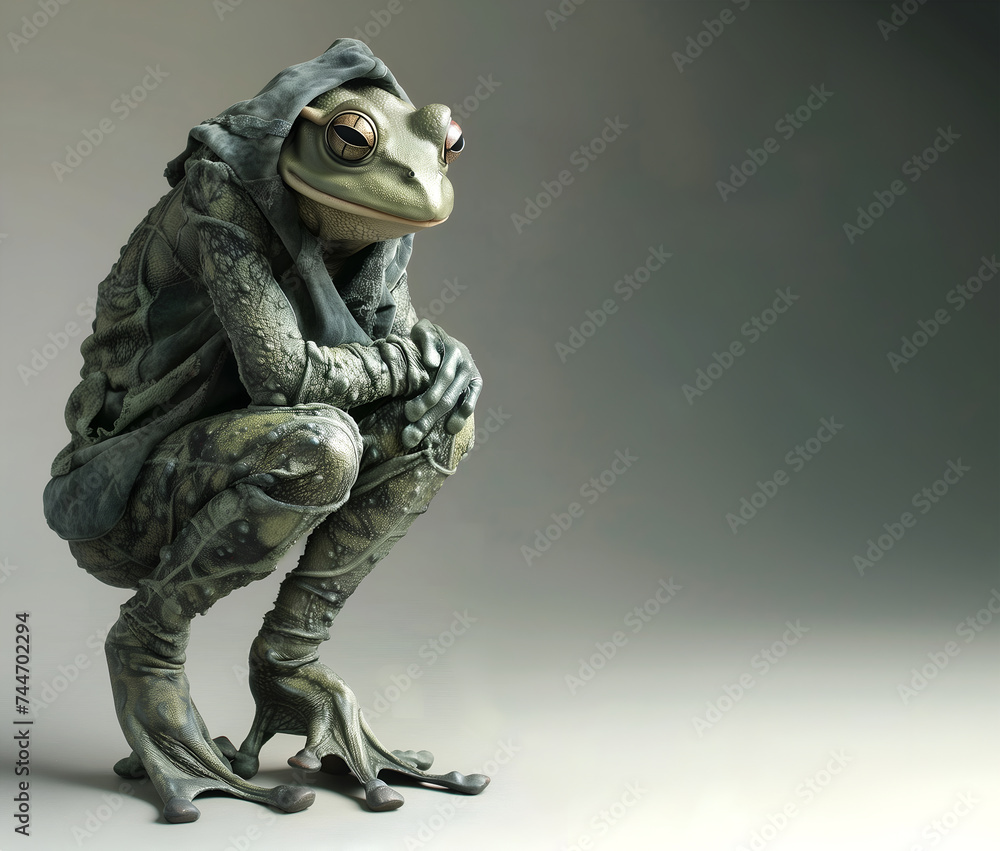 Creative animal concept. Frog toad in luxury wealthy fancy chic luxurious impeccable reptile skin fabric outfits isolated on bright background advertisement, copy text space Creative animal concept. Frog toad in luxury wealthy fancy chic luxurious impeccable reptile skin fabric outfits isolated on bright background advertisement, copy text space