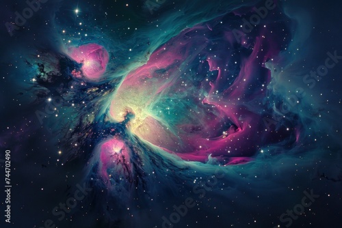 Orion Nebula showcasing the nursery of new stars with gas clouds illuminated in pink and green hues