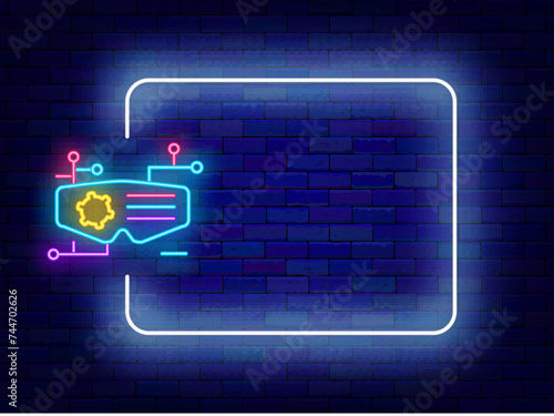 Neural network neon banner. Human glasses and empty white frame. Futuristic technology. Vector illustration