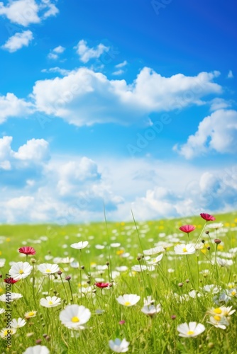 Beautiful summer or spring meadow with blue flowers of forget-me-nots and two flying butterflies. Wild nature landscape.
