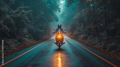 motorbike on the forest road riding. having fun driving the empty road on a motorcycle tour journey. 