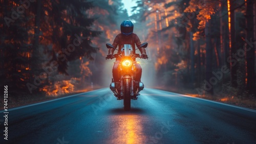 motorbike on the forest road riding. having fun driving the empty road on a motorcycle tour journey. 