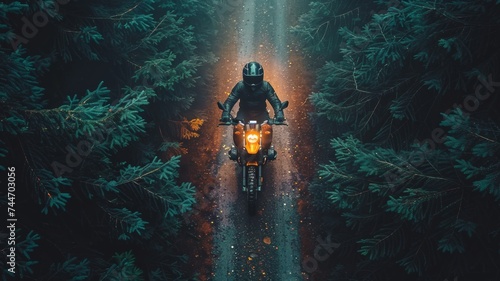 motorbike on the forest road riding. having fun driving the empty road on a motorcycle tour journey. 