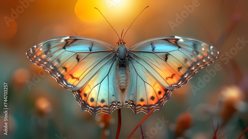 A close-up shot of a colorful butterfly with beautiful bokeh and an orange light background. © sippapas