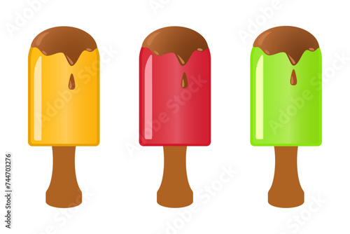 Set of ice creams on a stick. Gelato with different tastes. Vector illustration.