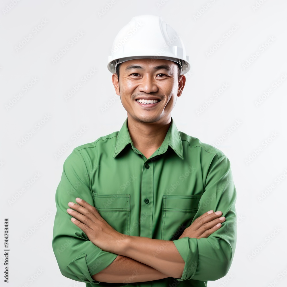 Smiling Southeast Asian Engineer in Green Hard Hat Isolated Portrait Smiling Southeast Asian Engineer in Green Hard Hat Isolated Portrait