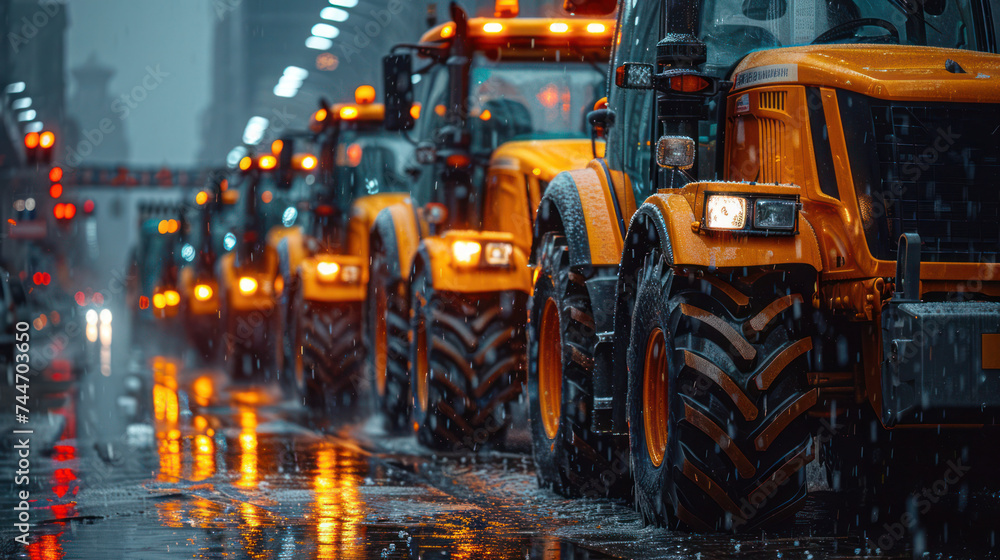 An illustration of the tractor drivers' strike and the blockade of the city street with their means of work An illustration of the tractor drivers' strike and the blockade of the city street with their means of work