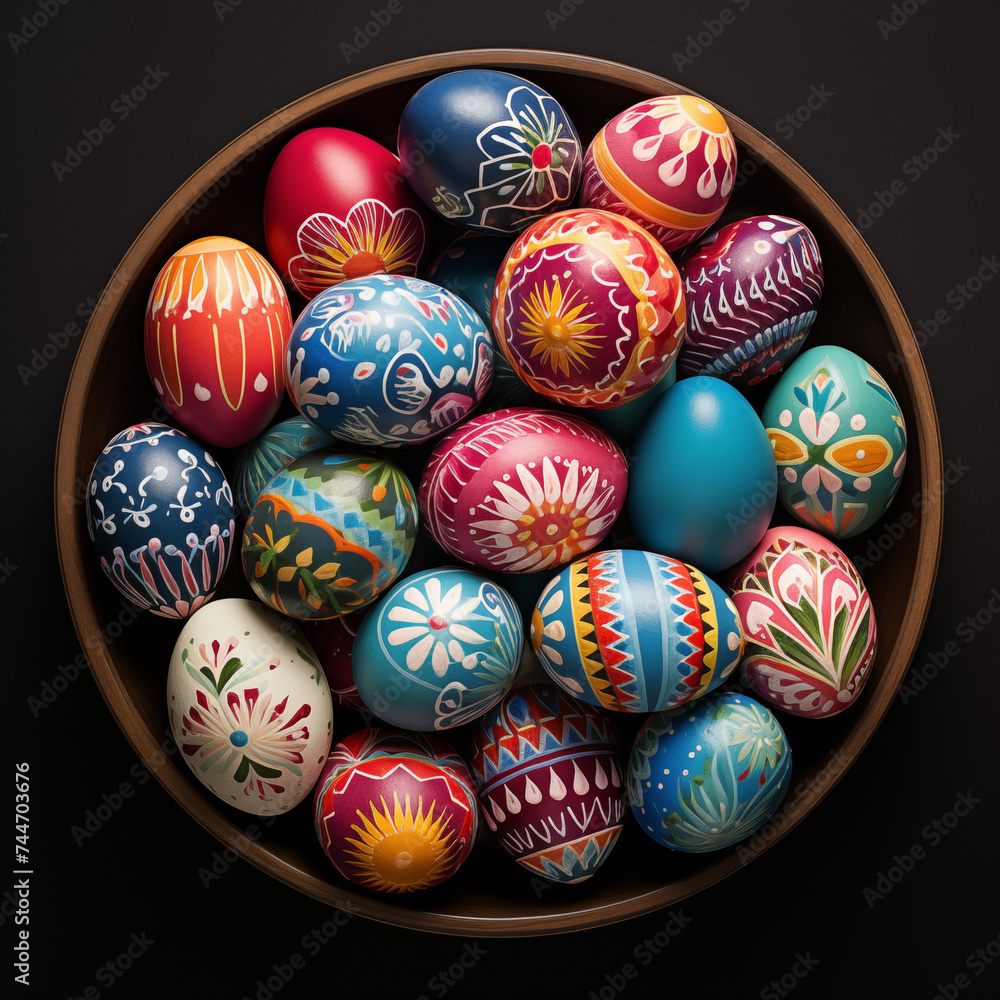 Easter eggs with floral pattern in a plate