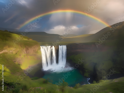 A rainbow arching over a waterfall  nature   s vibrant palette