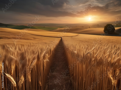 A sun kissed wheat field at golden hour, with rolling hills and a lone farmer.