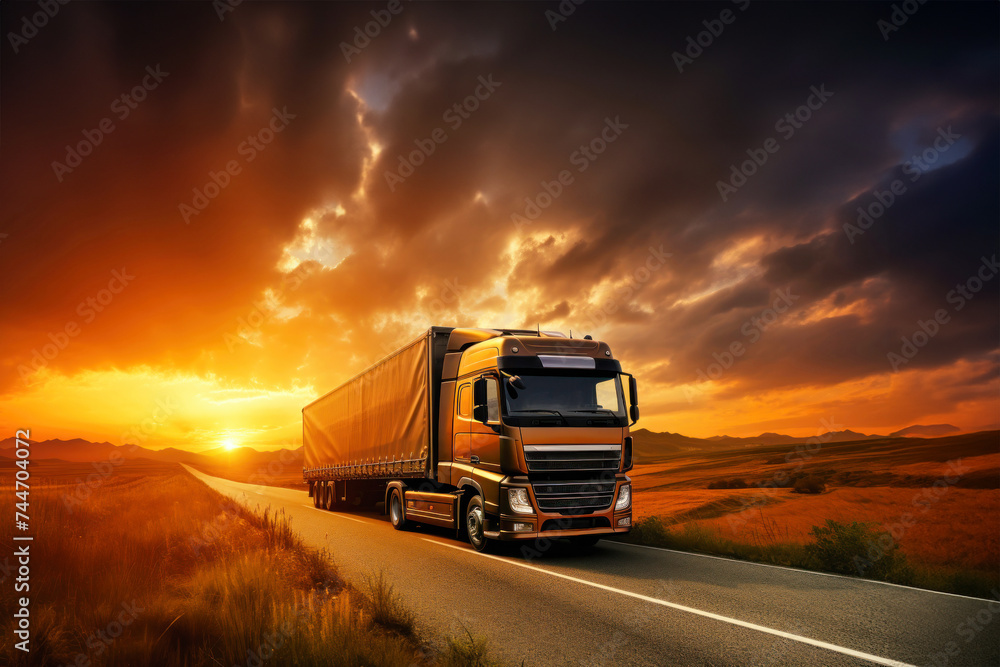 Long haul semi-truck on a deserted road at sunset. Road freight transport concept. Long haul semi-truck on a deserted road at sunset. Road freight transport concept.