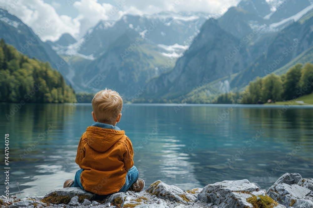 A young adventurer takes a moment to soak in the serene beauty of the mountain lake, surrounded by billowing clouds and dressed in outdoor gear fit for his tiny frame - obrazy, fototapety, plakaty 