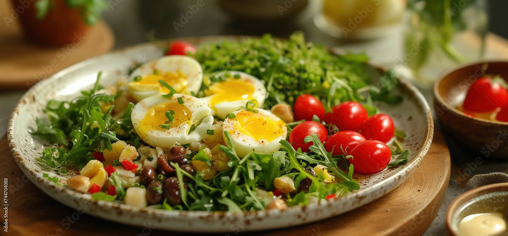 Tuna salad with cherry tomatoes, eggs and parsley in a wooden bowl