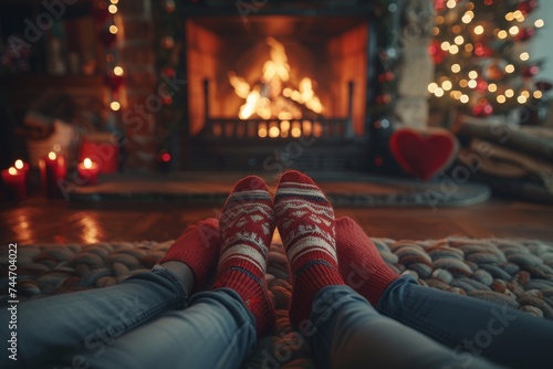 Amidst the warmth of a crackling fireplace, a person's feet adorned in cozy red socks rest by a twinkling christmas tree, creating a festive and comforting scene