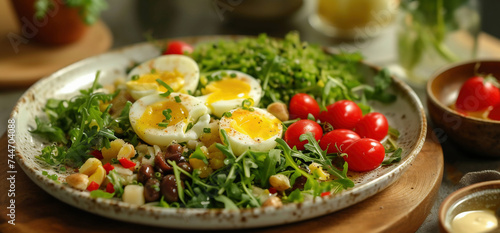 Tuna salad with cherry tomatoes, eggs and parsley in a wooden bowl