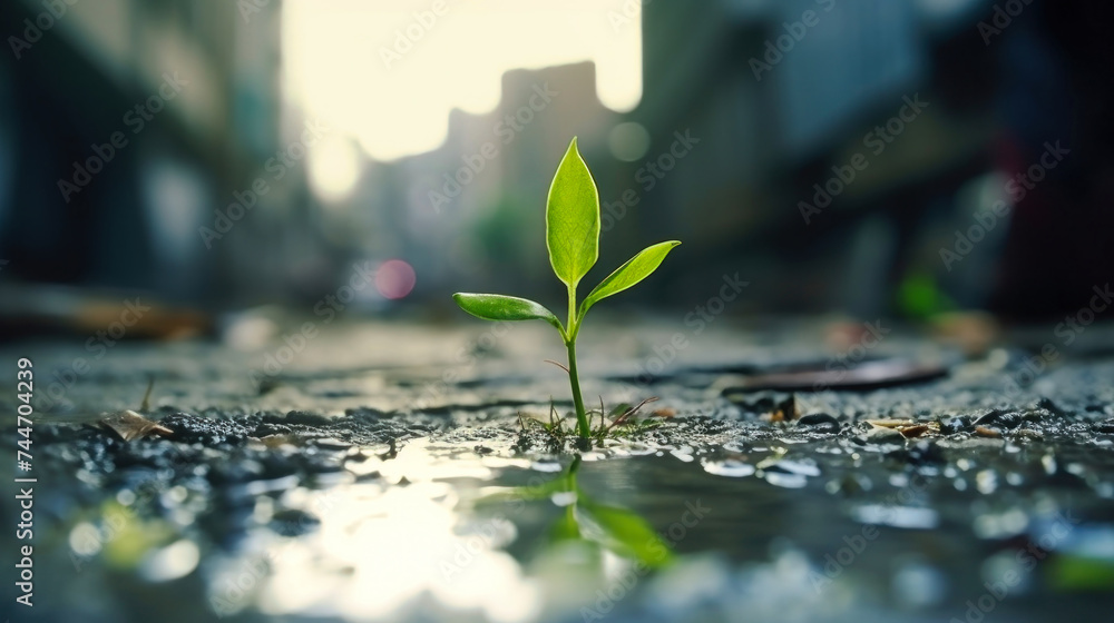 A tree sprout emerges from the asphalt in the city center, symbolizing ecology and nature conservation A tree sprout emerges from the asphalt in the city center, symbolizing ecology and nature conservation